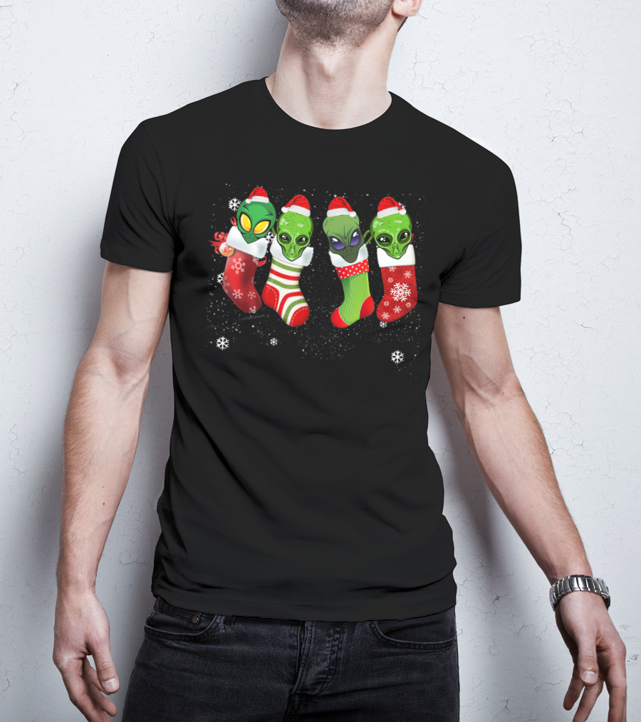 Aliens Wearing Santa Hats In Christmas Stockings With Snowflakes T-Shirt