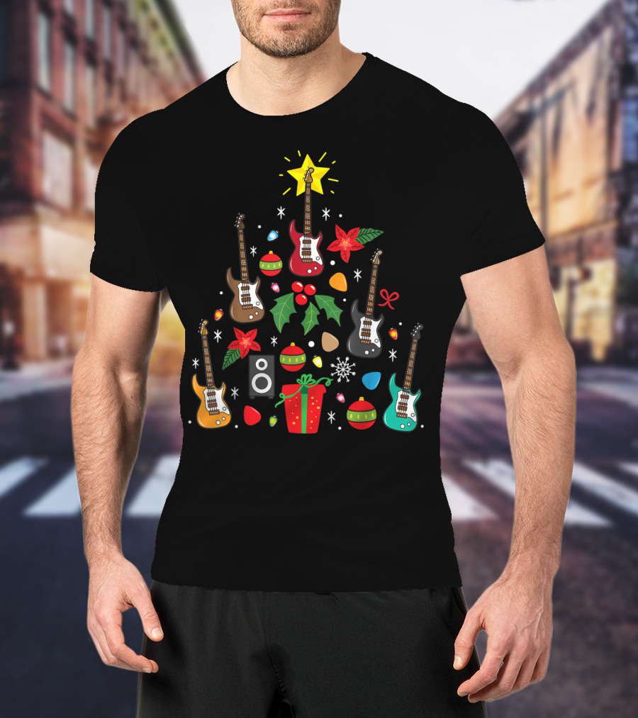 Bass Guitar Christmas Ornament Tree Music Holiday Festive Lights And Presents T-Shirt
