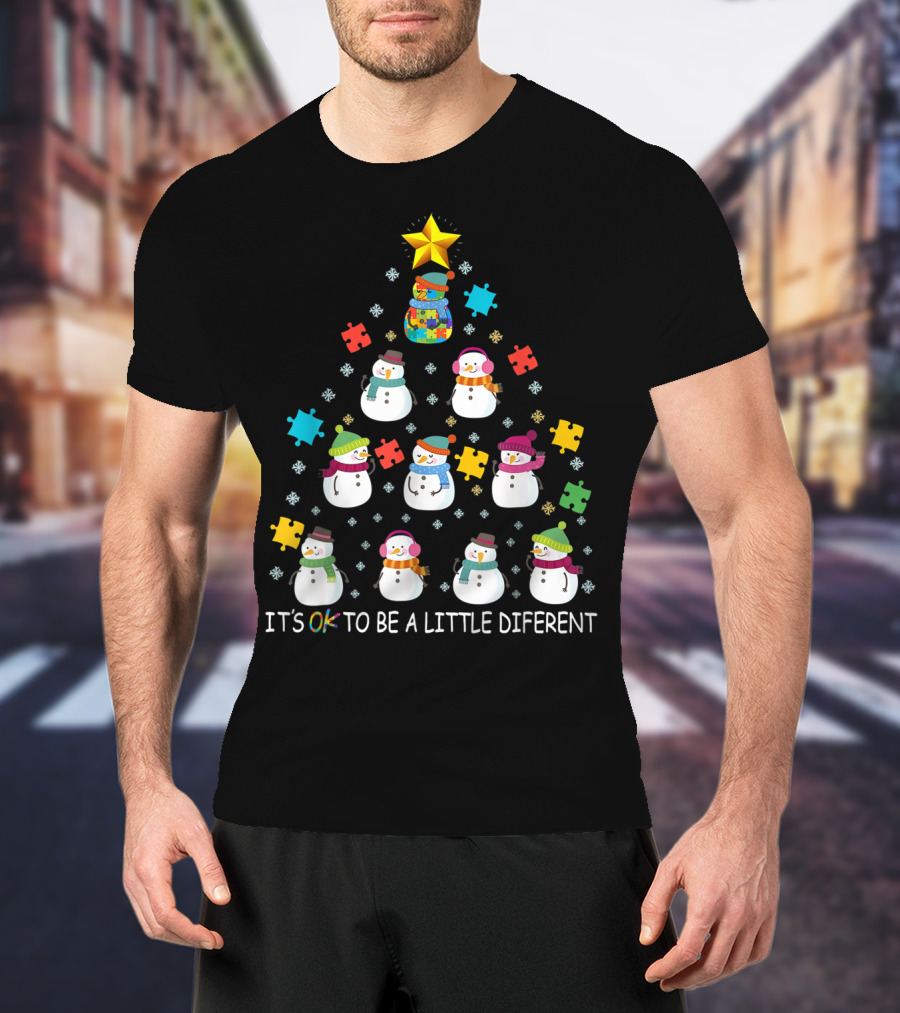 IT'S OK TO BE A LITTLE DIFERENT Snowman Autism Puzzle Tree T-Shirt