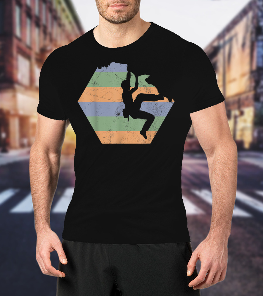 Bouldering Rock Climbing Climber Silhouette With Stripes T-Shirt