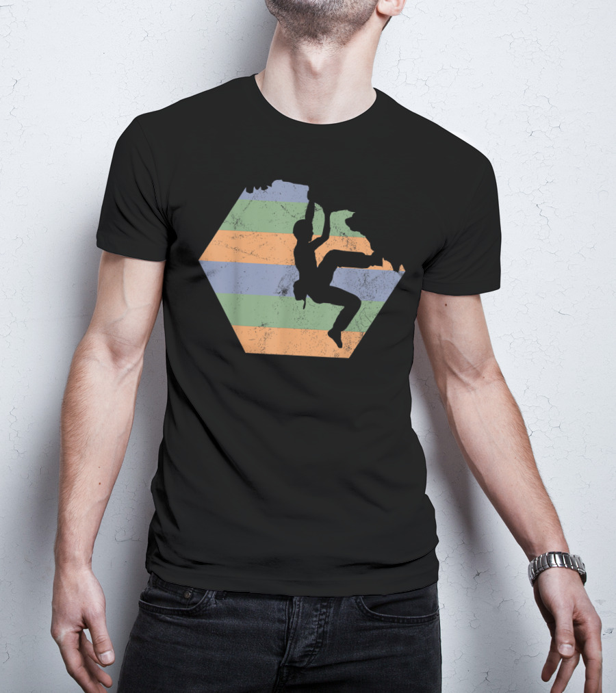 Bouldering Rock Climbing Climber Silhouette With Stripes T-Shirt