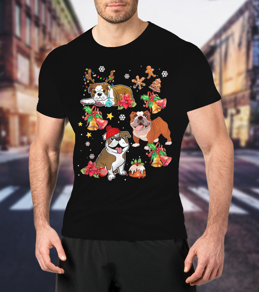 Bulldog Christmas Ornament Decoration With Bells And Gingerbread T-Shirt