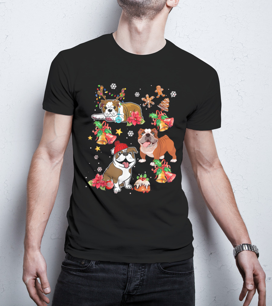 Bulldog Christmas Ornament Decoration With Bells And Gingerbread T-Shirt