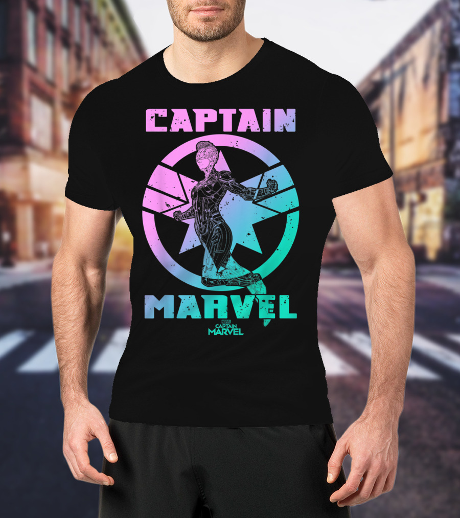 Captain Marvel Star Emblem Spectrum Heroine Pose T-Shirt