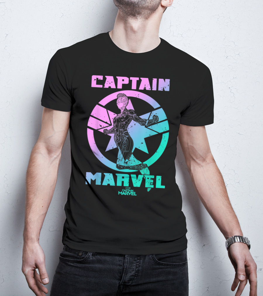Captain Marvel Star Emblem Spectrum Heroine Pose T-Shirt