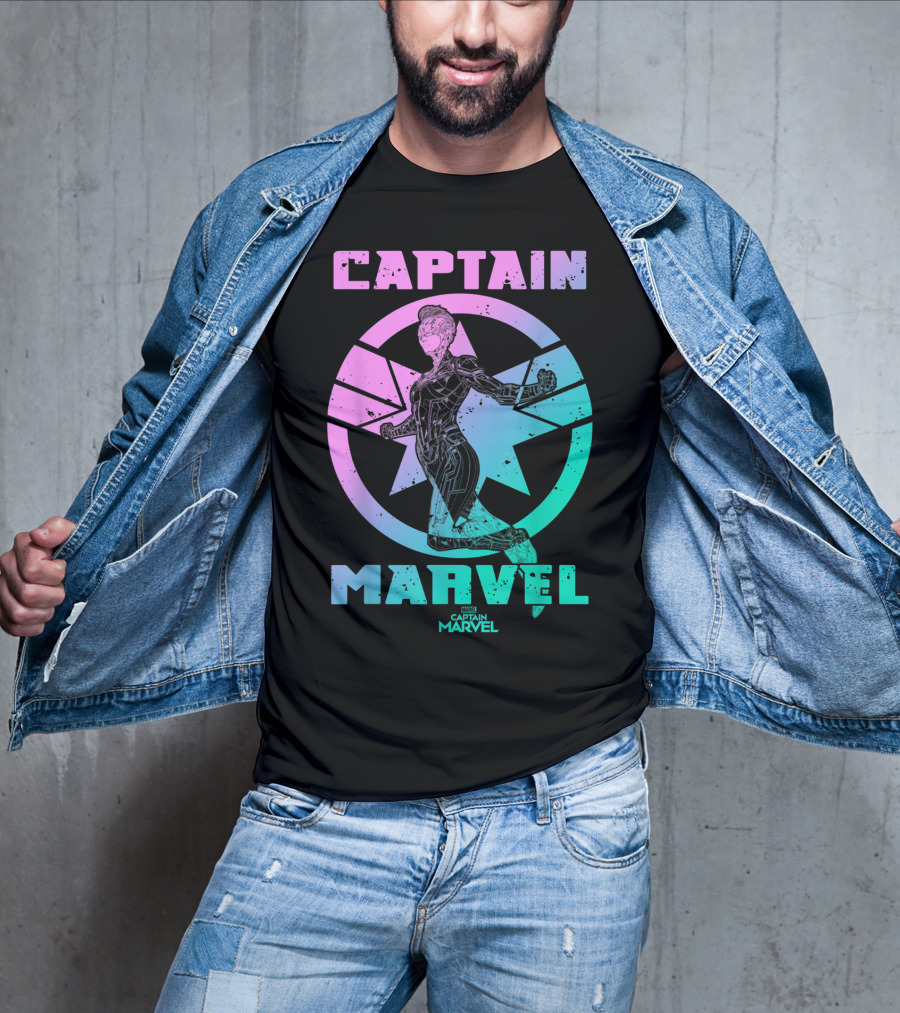 Captain Marvel Star Emblem Spectrum Heroine Pose T-Shirt