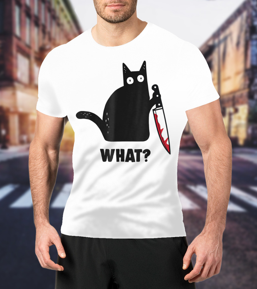 Funny Black Cat With Knife And What? T-Shirt