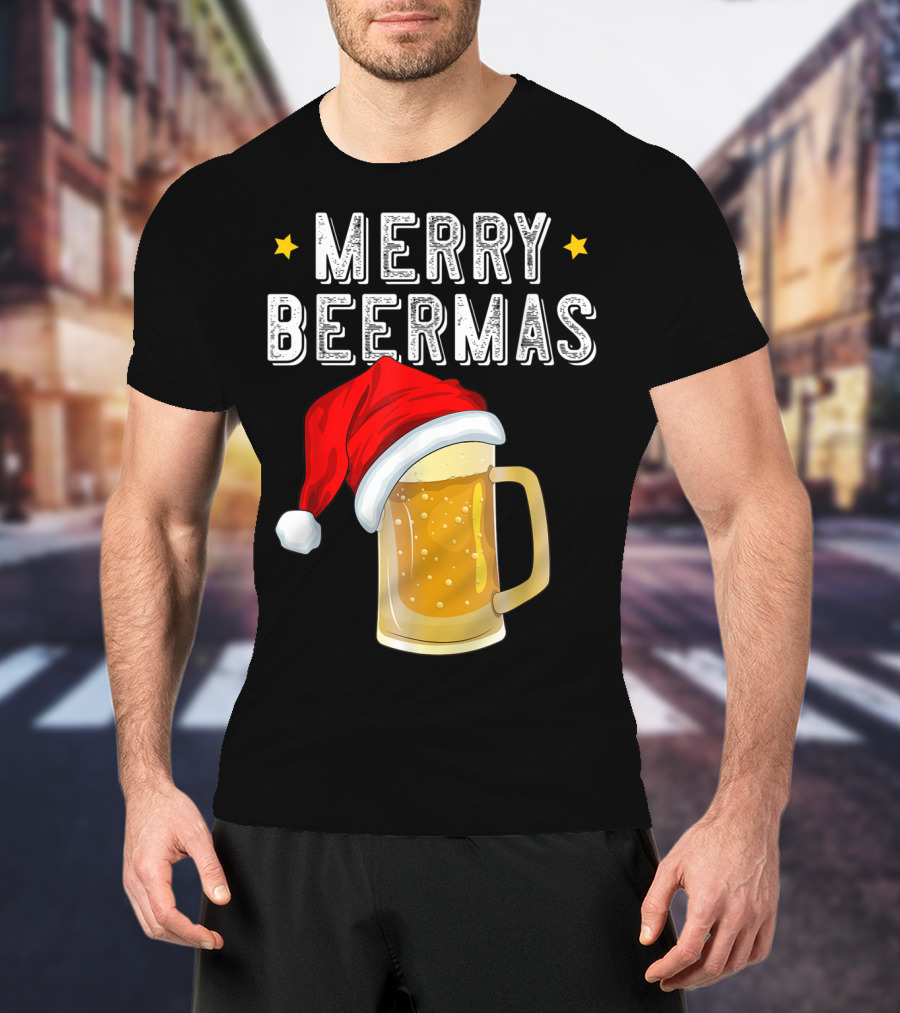 Merry Beermas Christmas Beer Santa Hat Beer Mug T-Shirt