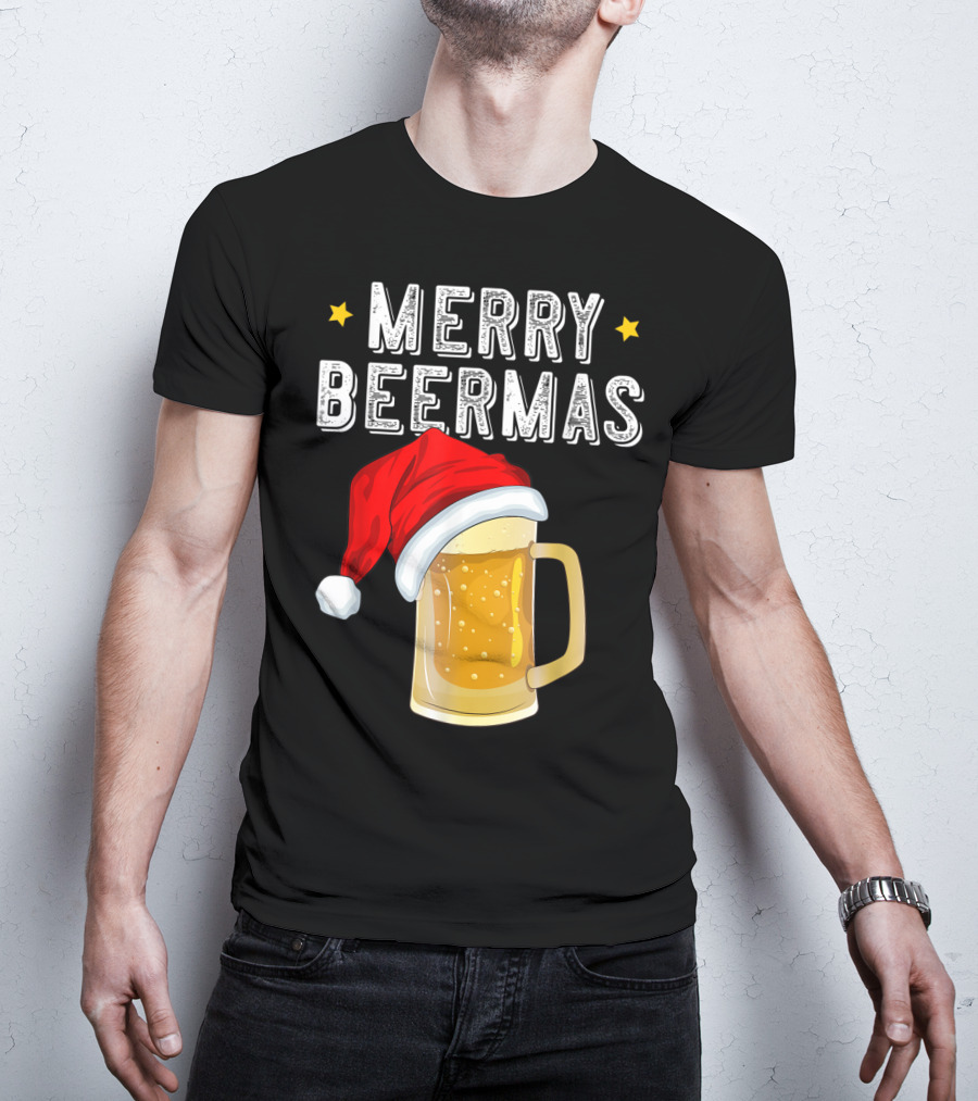 Merry Beermas Christmas Beer Santa Hat Beer Mug T-Shirt