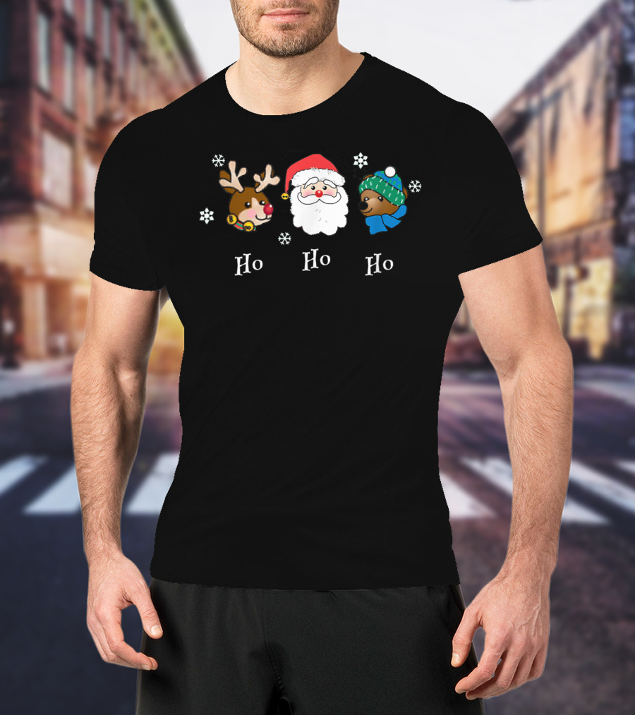 Christmas Ho Ho Ho Santa Reindeer Bear Snowflakes Fun Friendly T-Shirt