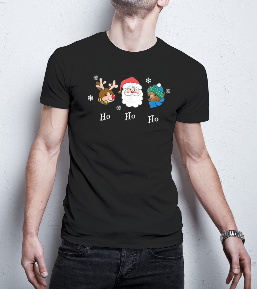 Christmas Ho Ho Ho Santa Reindeer Bear Snowflakes Fun Friendly T-Shirt