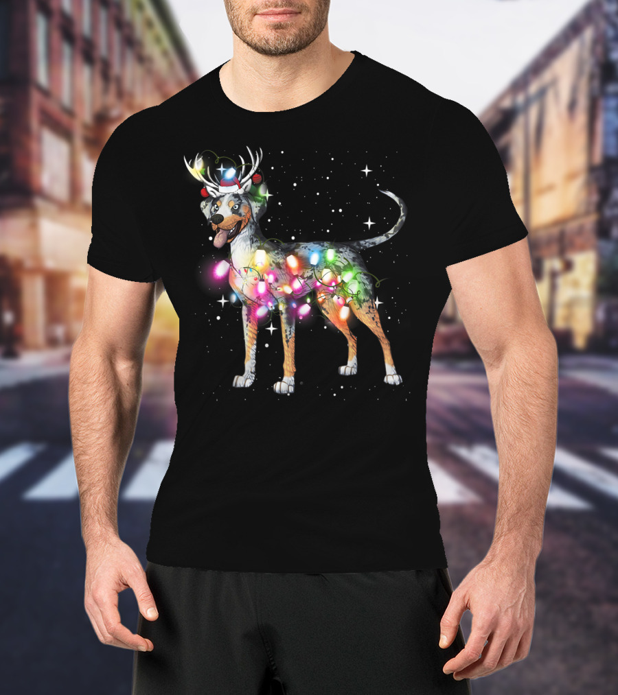 Catahoula Leopard Dog Wrapped In Christmas Lights With Reindeer Antlers And Santa Hat T-Shirt