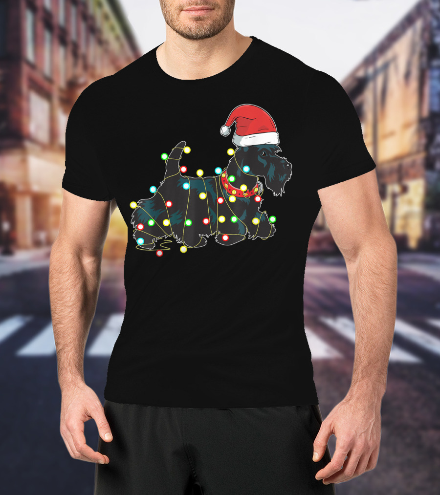 Scottish Terrier Wrapped In Christmas Lights And Santa Hat T-Shirt
