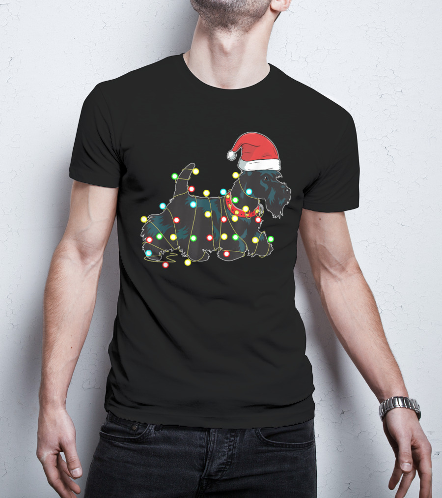 Scottish Terrier Wrapped In Christmas Lights And Santa Hat T-Shirt