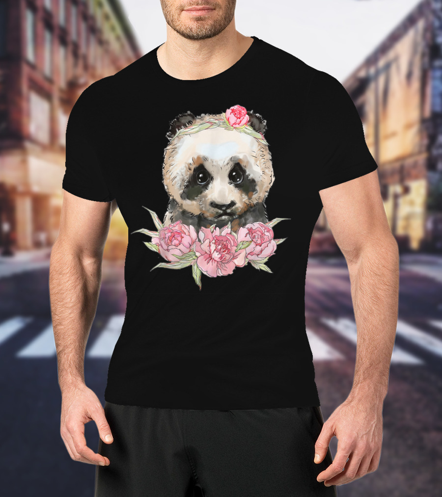 Baby Panda Bear With Pink Flower Crown And Blossoms T-Shirt