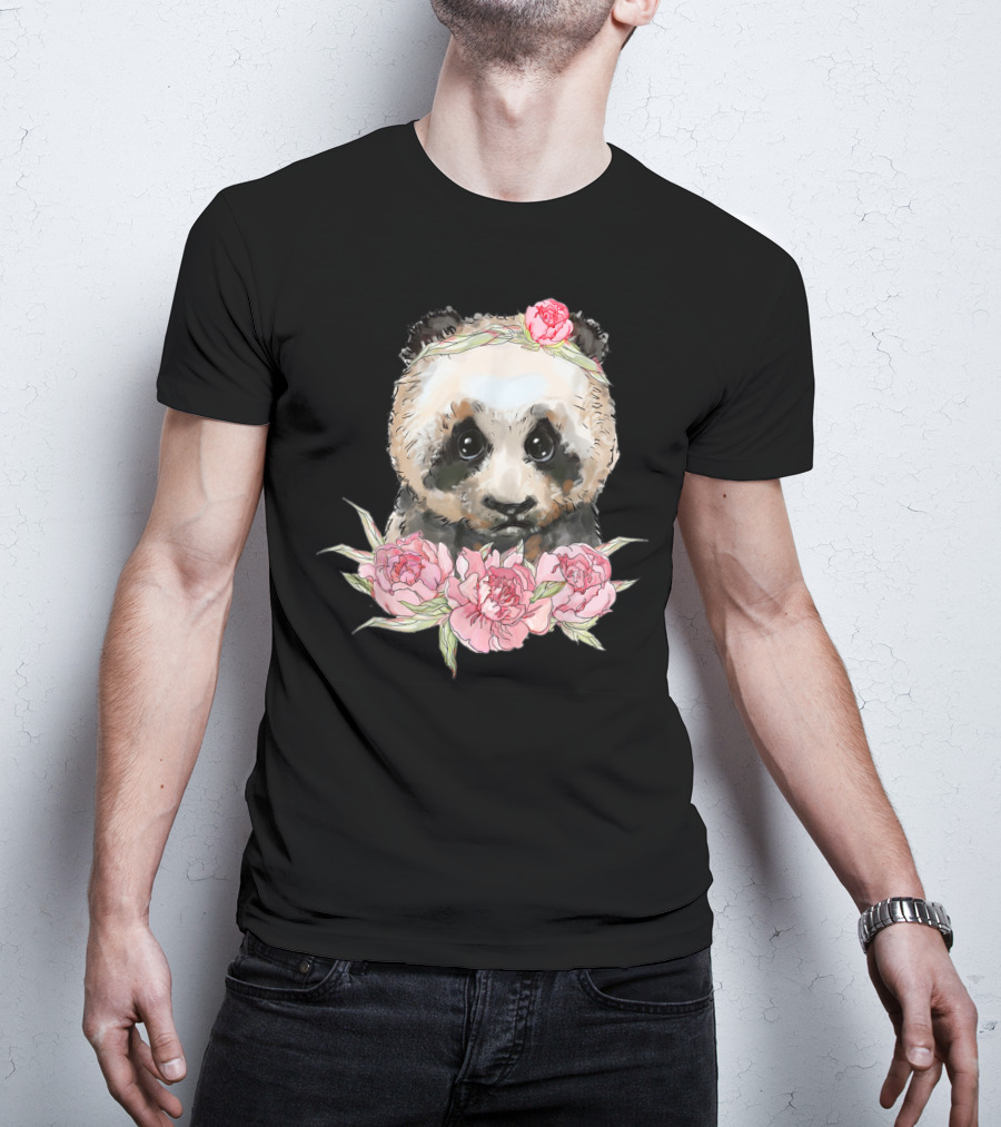 Baby Panda Bear With Pink Flower Crown And Blossoms T-Shirt