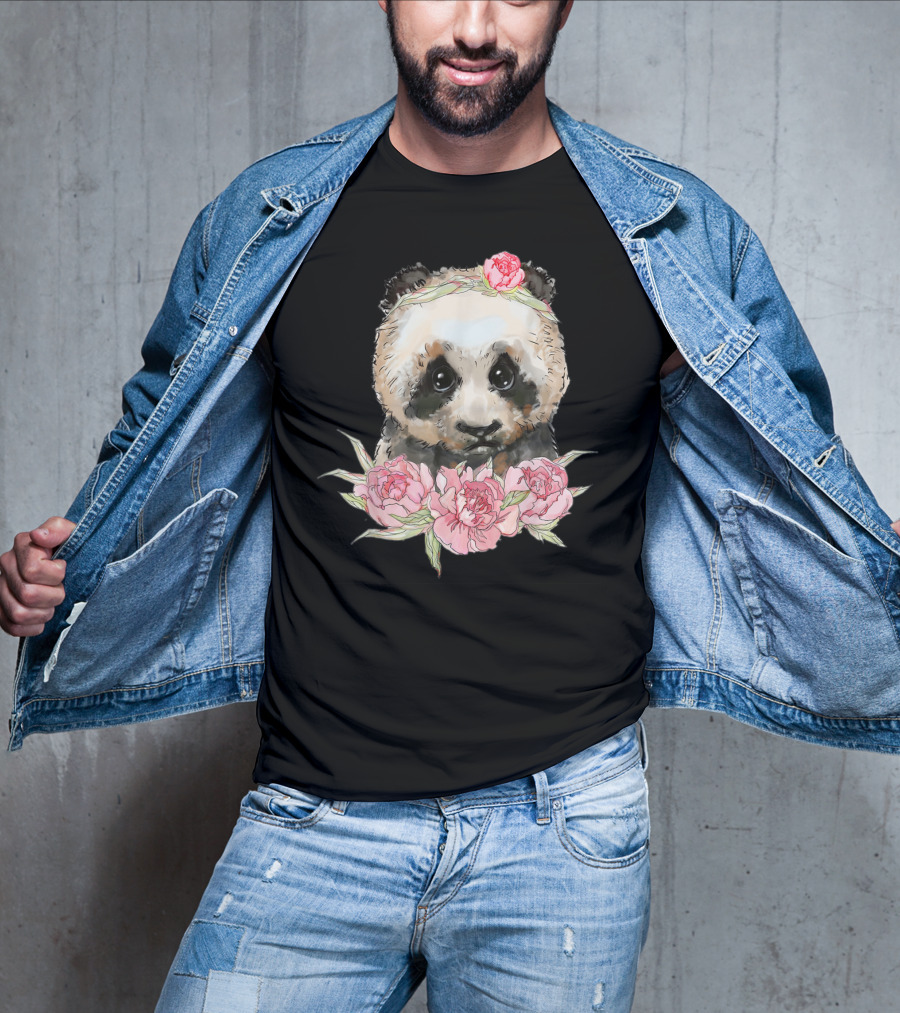 Baby Panda Bear With Pink Flower Crown And Blossoms T-Shirt