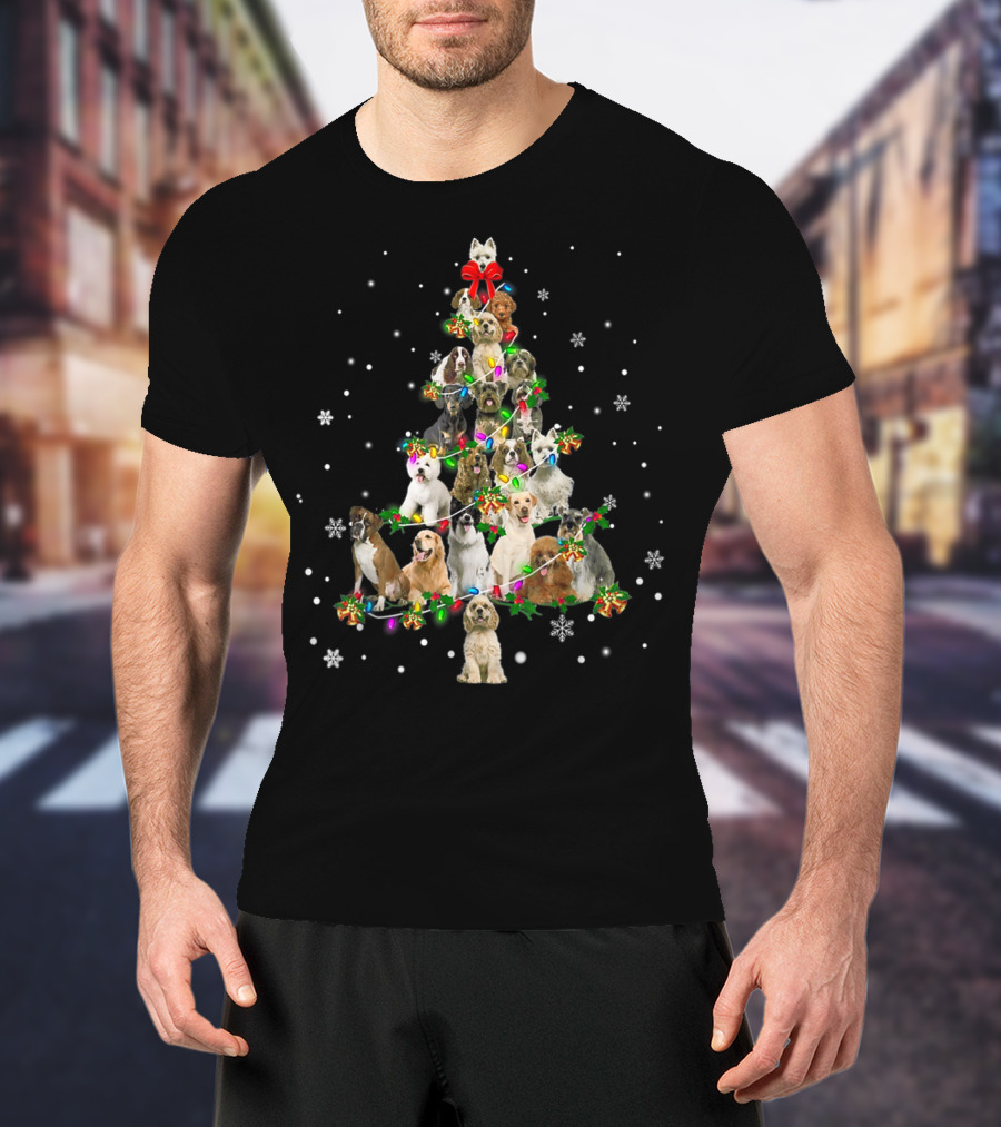 Cute Dogs Xmas Christmas Tree Decor With Festive Holiday Lights T-Shirt