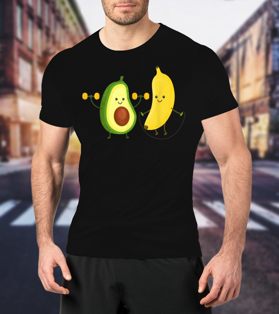 Cute Happy Smiling Banana And Avocado Exercising Together T-Shirt