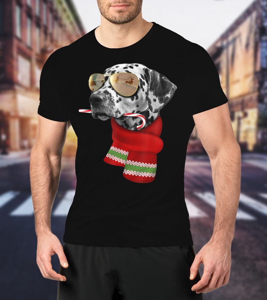 Dalmatian Christmas Dog With Candy Cane And Santa Sunglasses T-Shirt