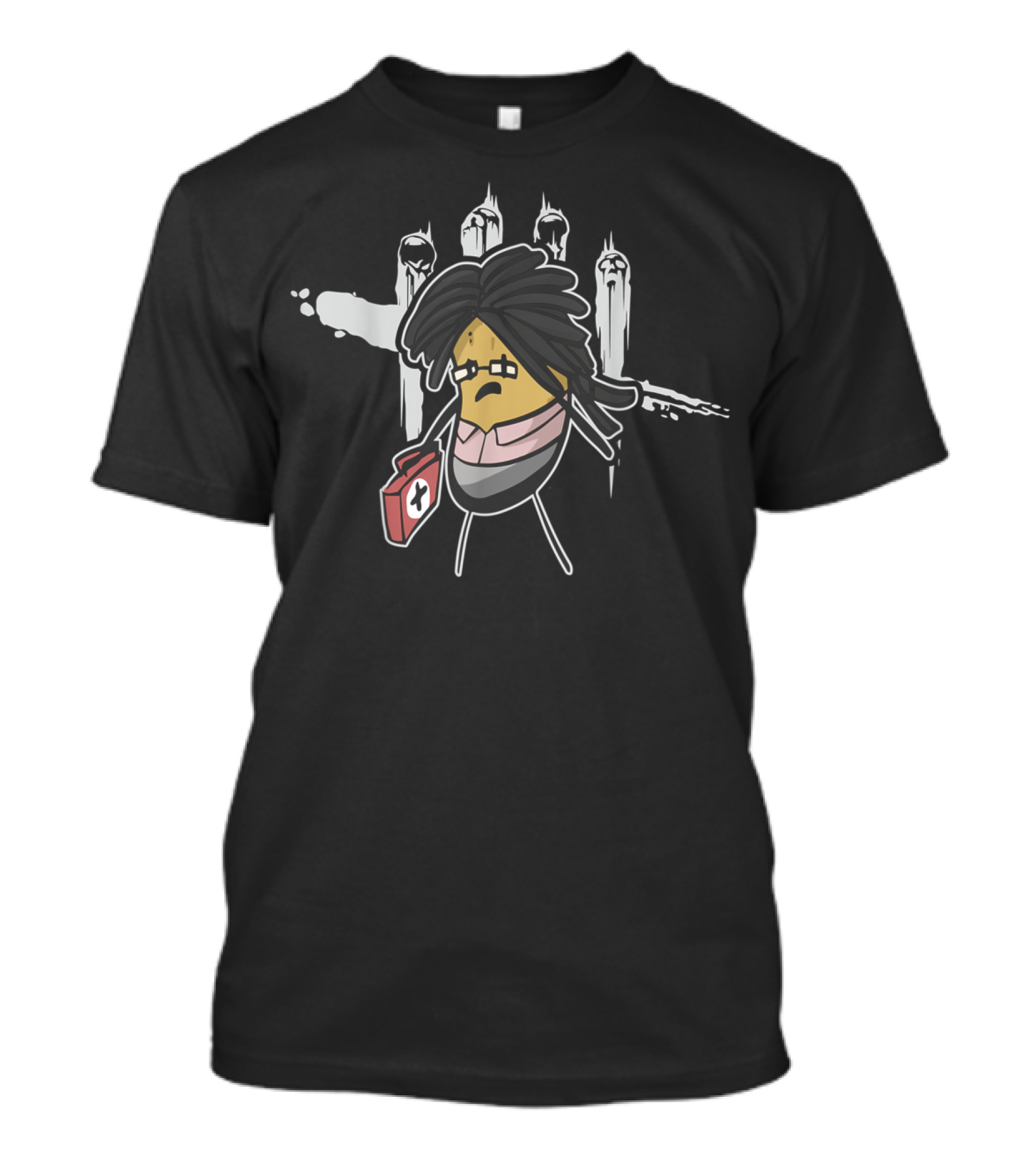 Dead By Daylight Potato Survivor Medkit With Five Killers Handprint Background T-Shirt