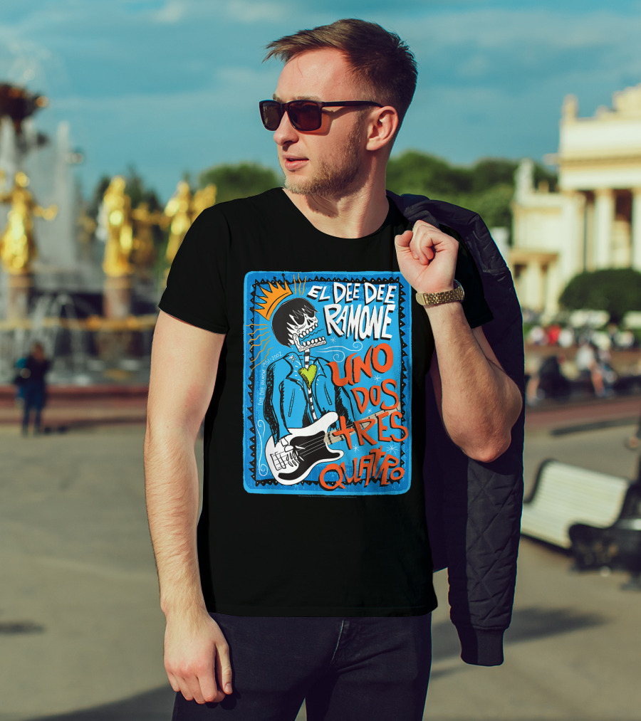 El Dee Dee Ramone Uno Dos Tres Quatro Skull Art With Crown And Heart Guitar T-Shirt