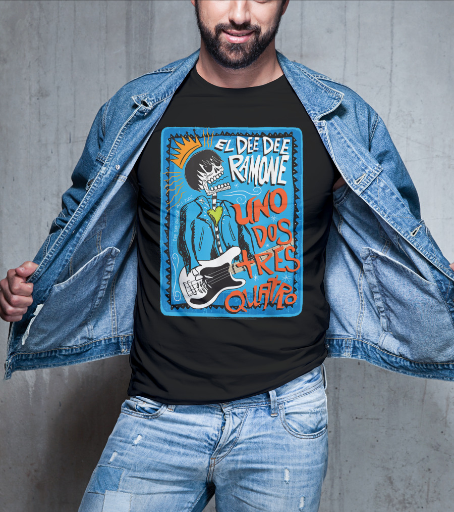 El Dee Dee Ramone Uno Dos Tres Quatro Skull Art With Crown And Heart Guitar T-Shirt