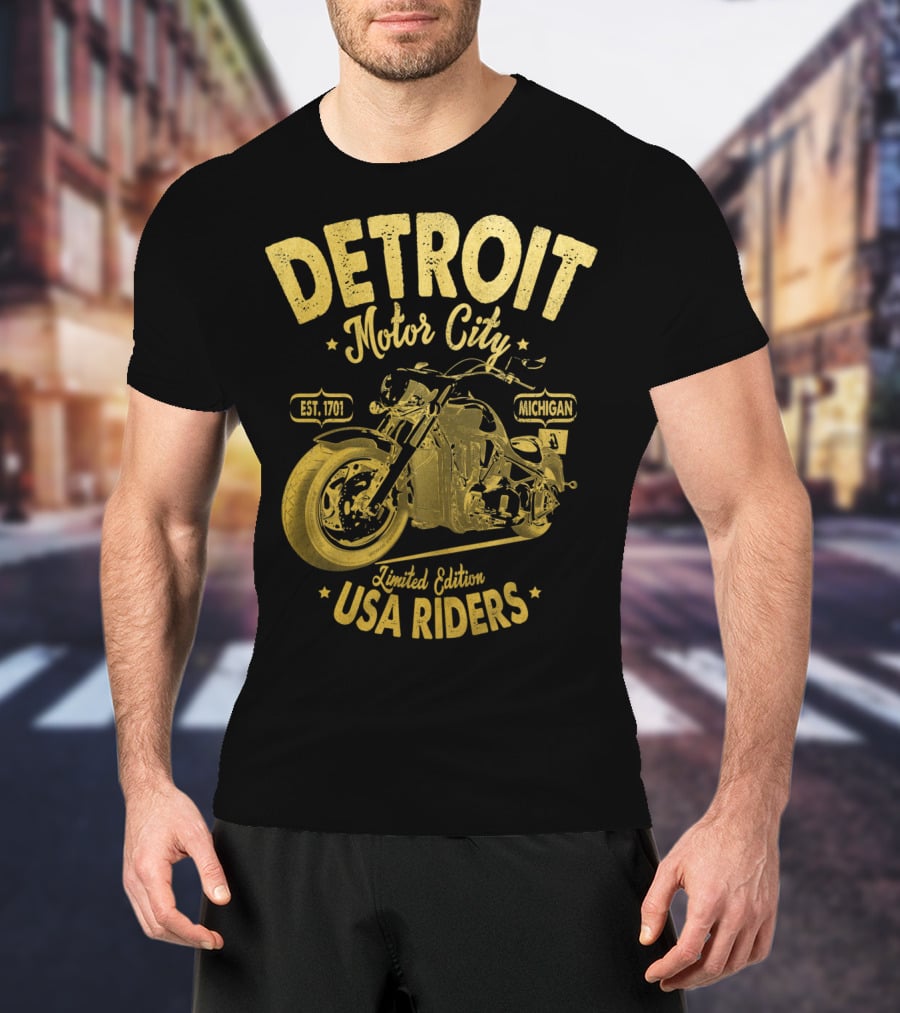 Detroit Motor City Michigan Est. 1701 USA Riders Gold Vintage T-Shirt