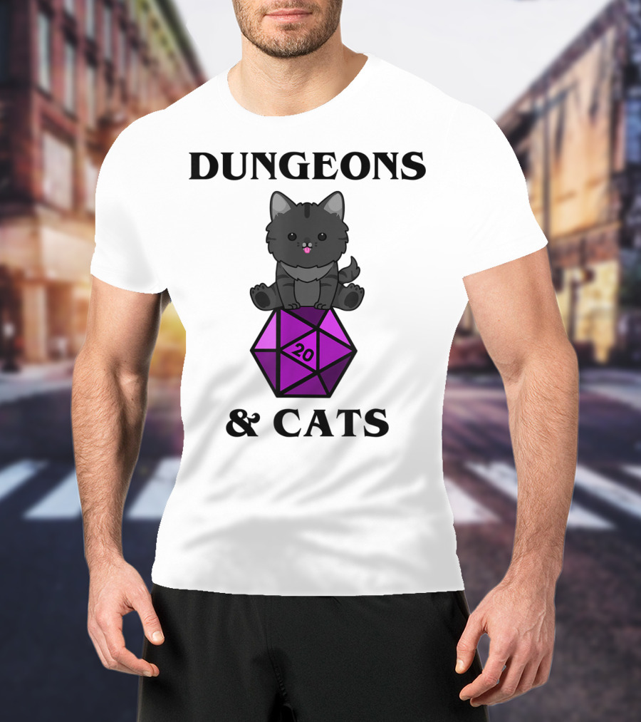 Dungeons And Cats Nerdy RPG Cat Sitting On D20 Dice T-Shirt