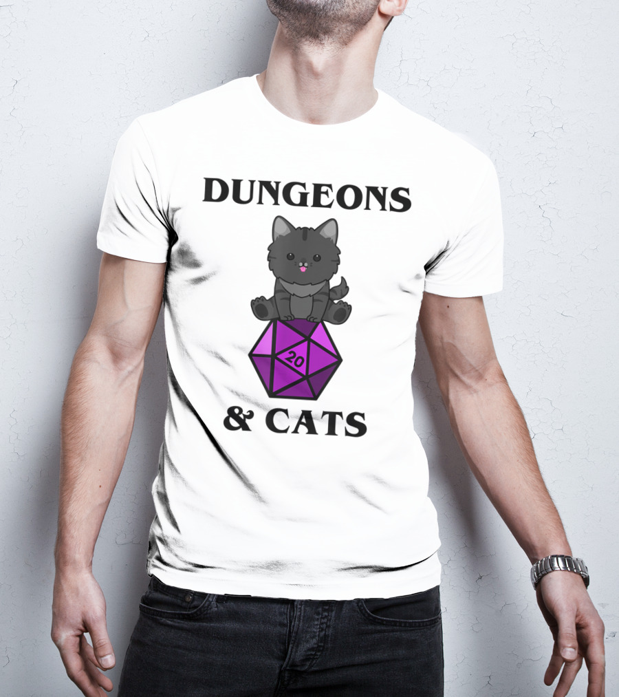 Dungeons And Cats Nerdy RPG Cat Sitting On D20 Dice T-Shirt