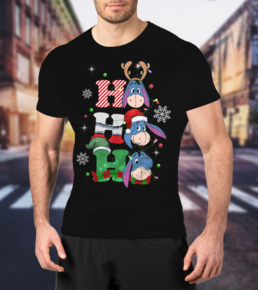 Eeyore Christmas Donkey Santa Reindeer Ho Ho Ho Snowflakes T-Shirt