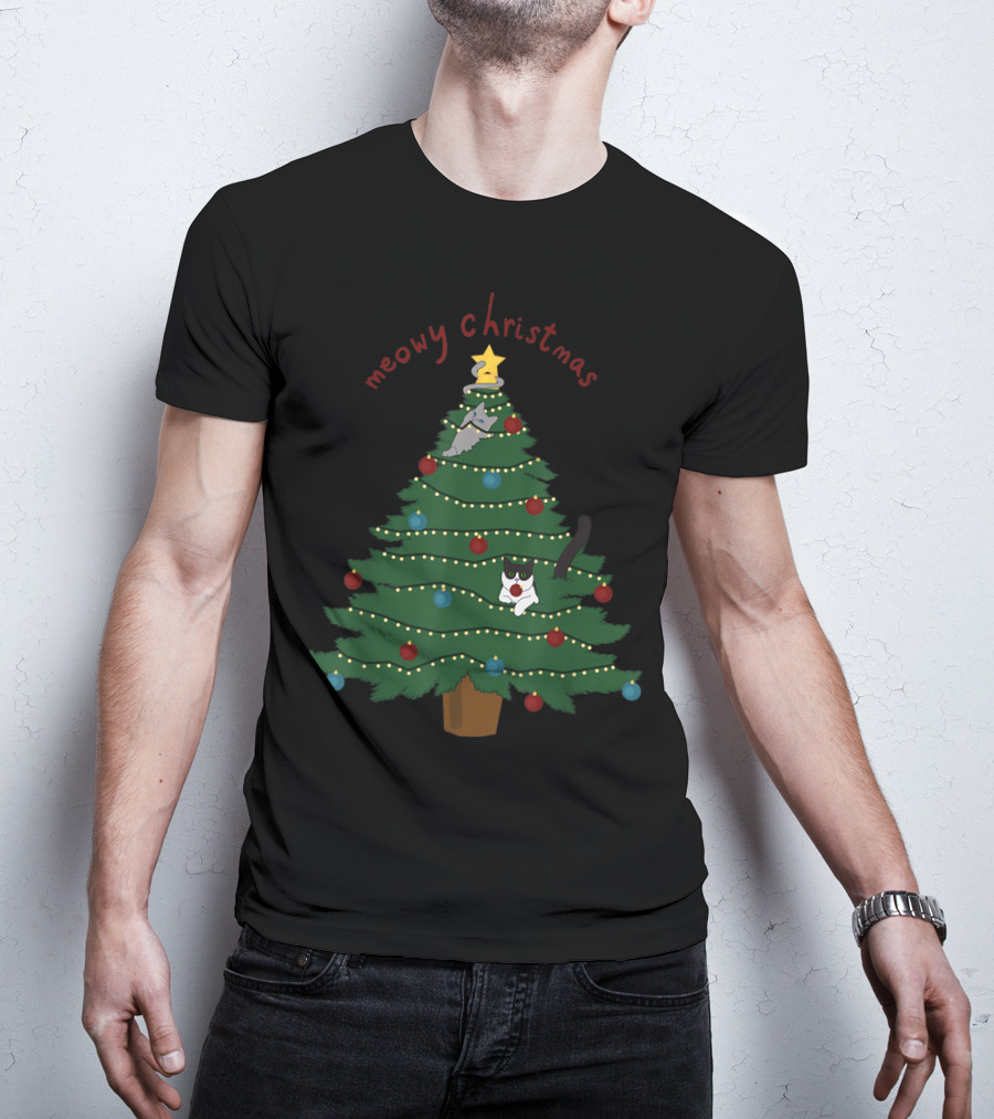 Meowy Christmas Funny Cats In Christmas Tree T-Shirt