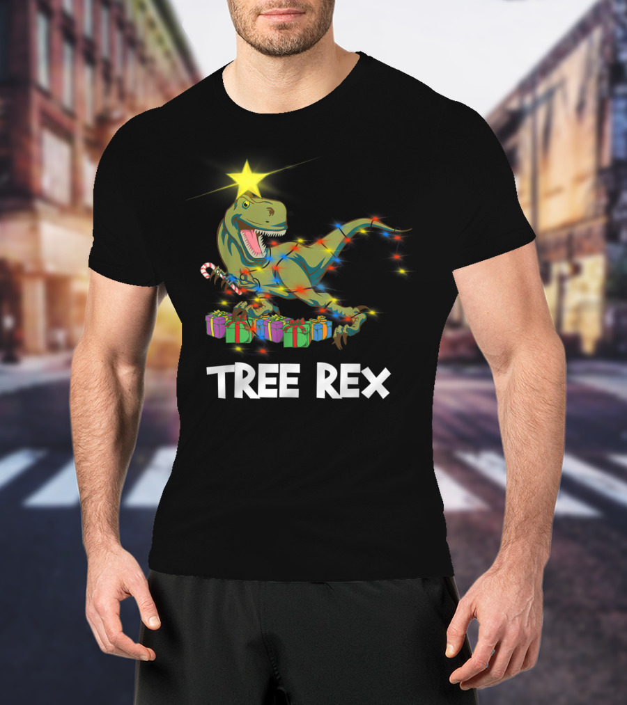 Tree Rex Christmas Dinosaur With Star And Gift Lights T-Shirt