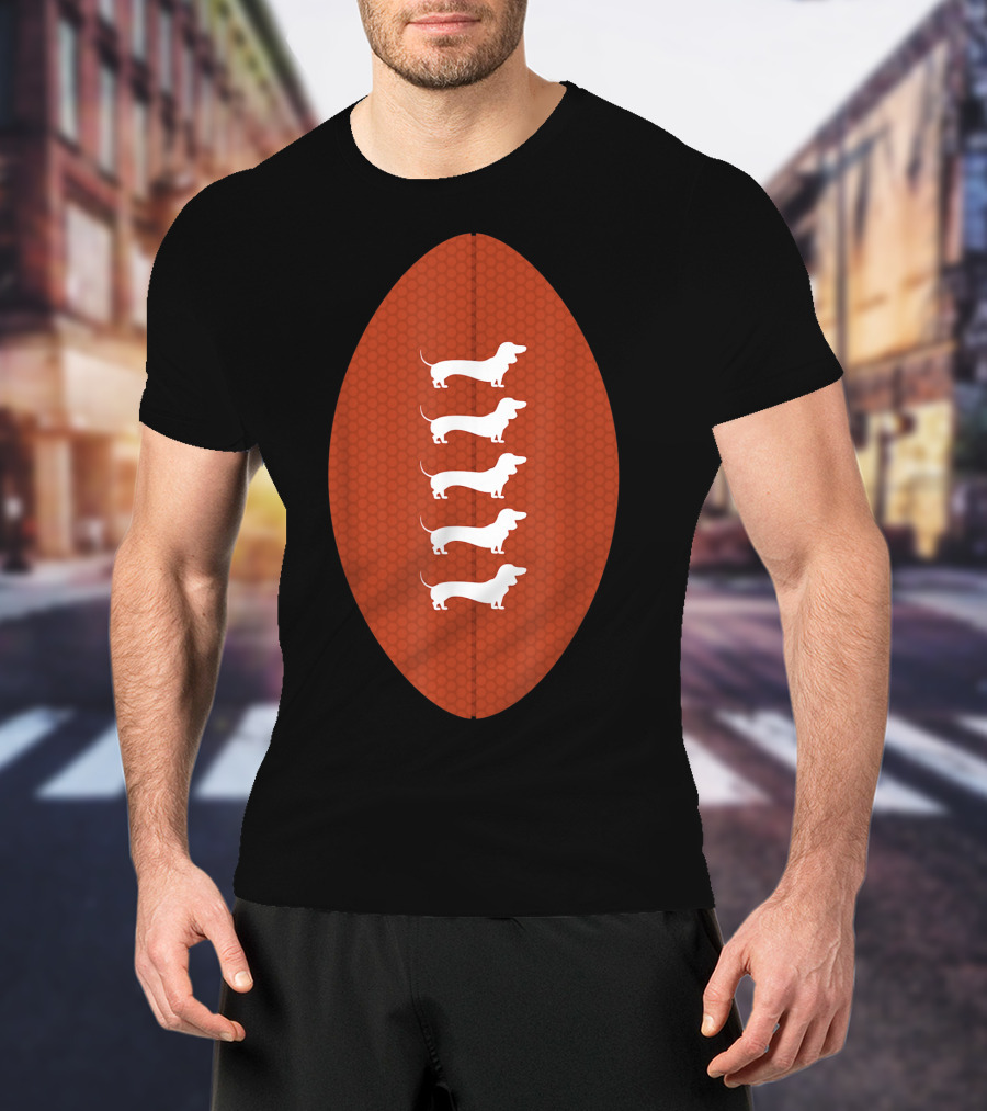 Funny Dachshund Wiener Dog Football Oval Five White Silhouettes On Textured Brown Background T-Shirt