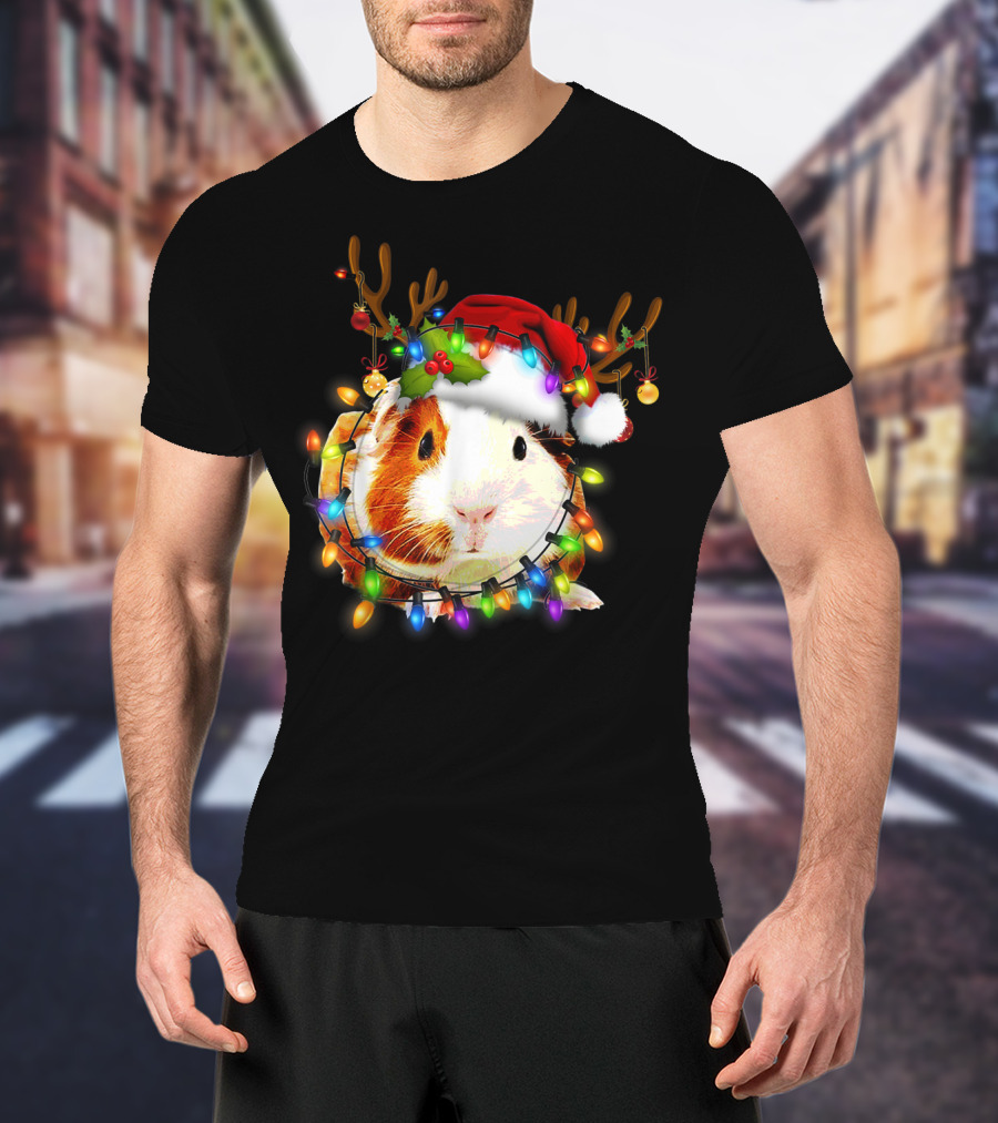Guinea Pig With Christmas Lights And Reindeer Antlers In Santa Hat T-Shirt