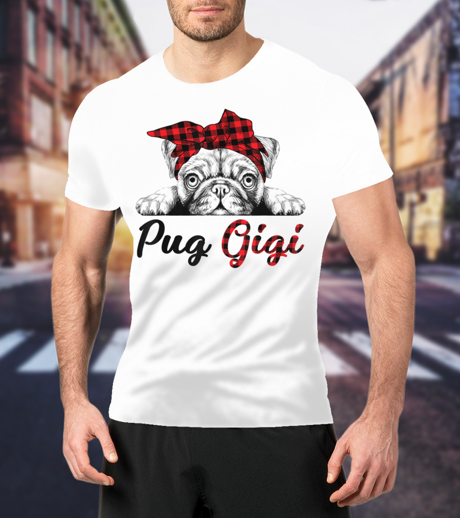 Pug Gigi Red Plaid Headband T-Shirt