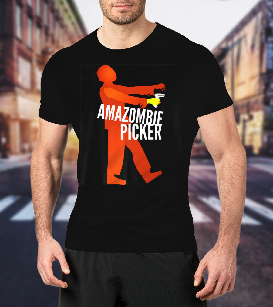 Amazombie Picker Walking Zombie Silhouette With Coffee Cup T-Shirt