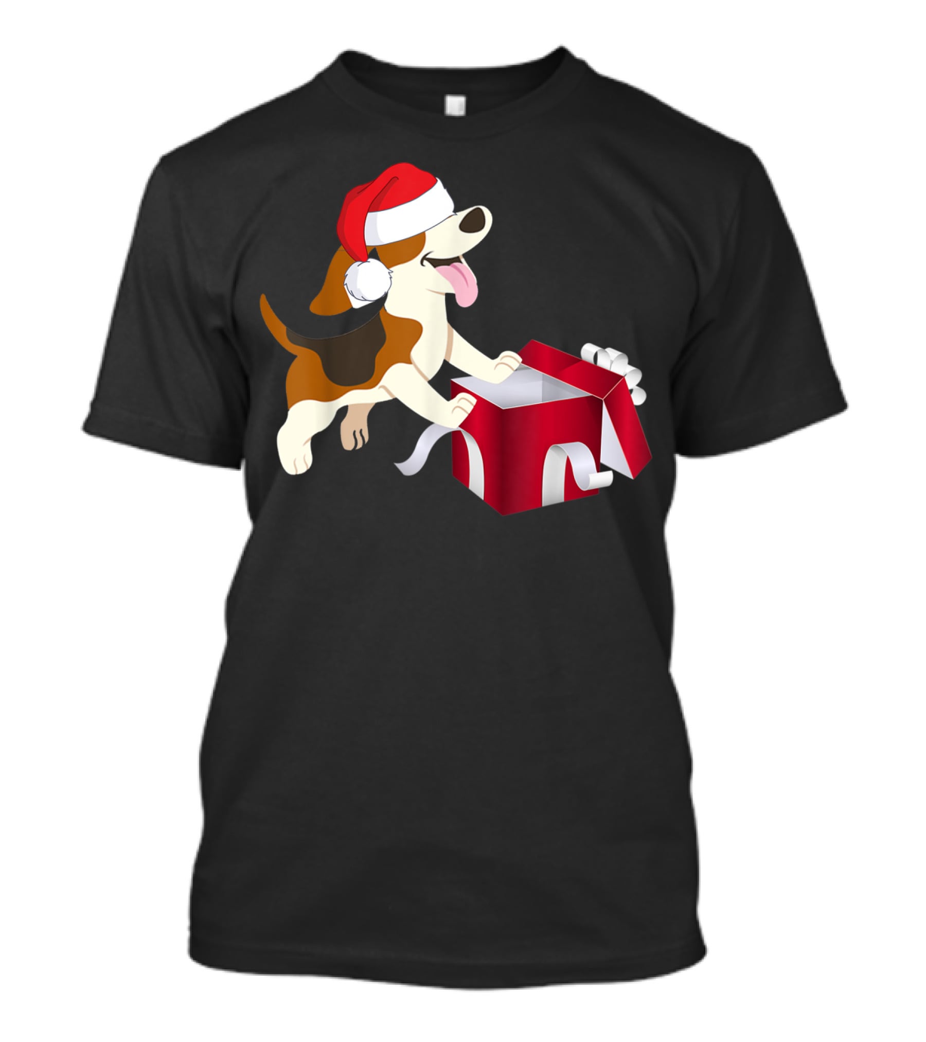Beagle Dog Christmas Funny Santa Hat With Gift Box T-Shirt