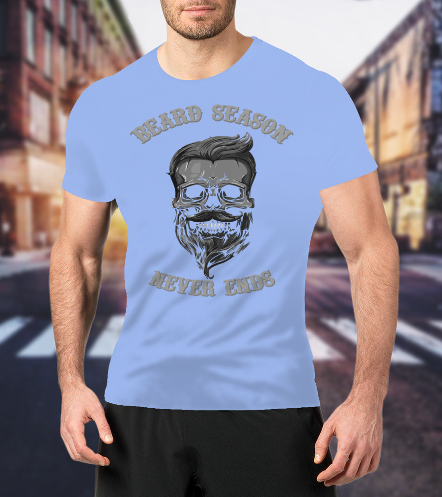 Beard Season Never Ends Skull With Mustache And Hair T-Shirt