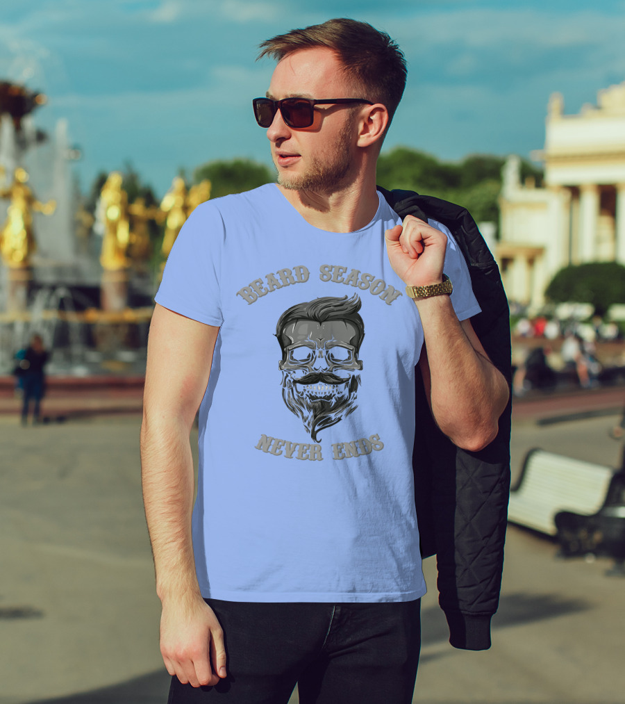 Beard Season Never Ends Skull With Mustache And Hair T-Shirt