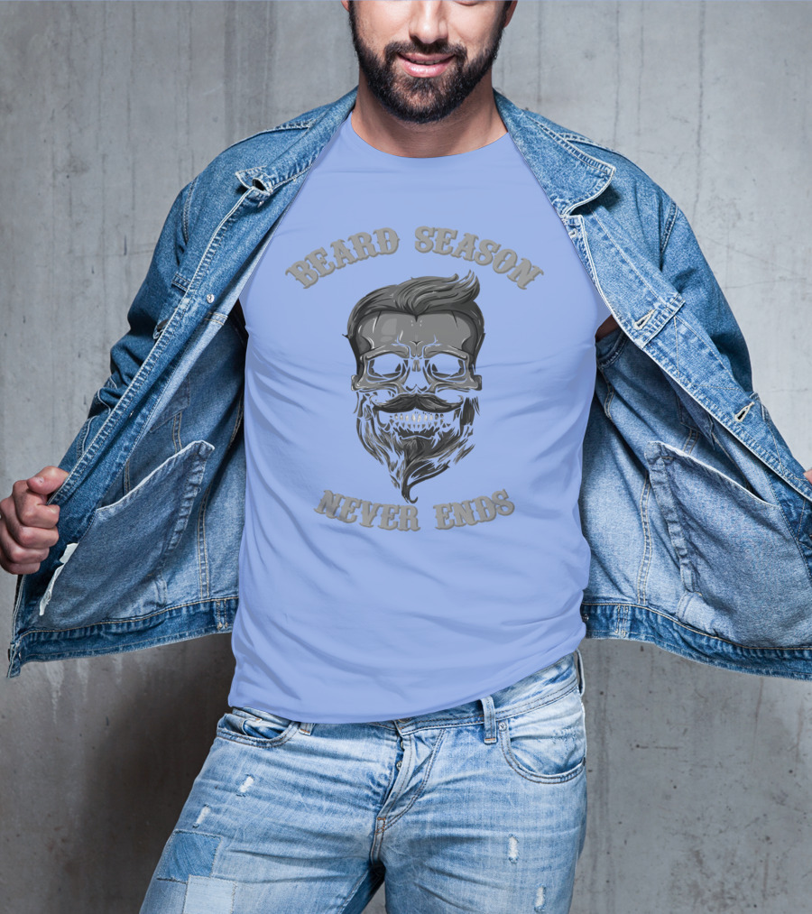 Beard Season Never Ends Skull With Mustache And Hair T-Shirt