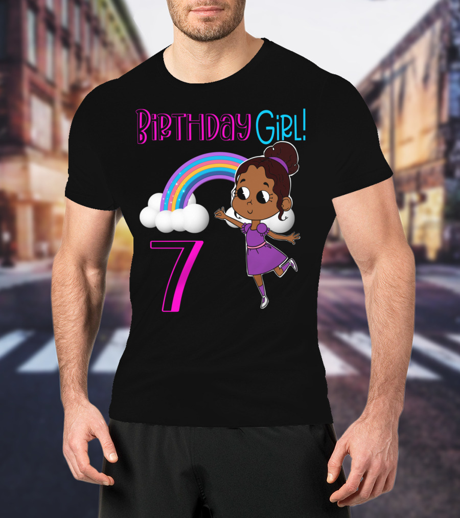 Birthday Girl 7 African American With Rainbow And Dancing Child T-Shirt
