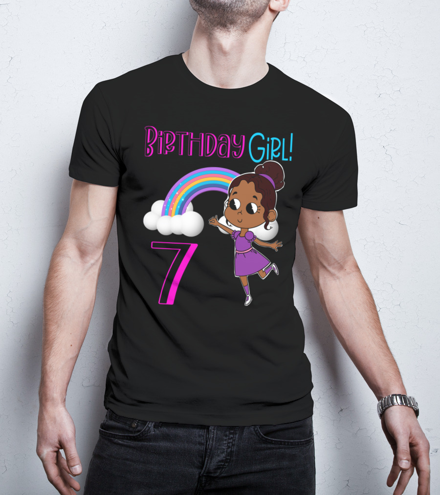 Birthday Girl 7 African American With Rainbow And Dancing Child T-Shirt