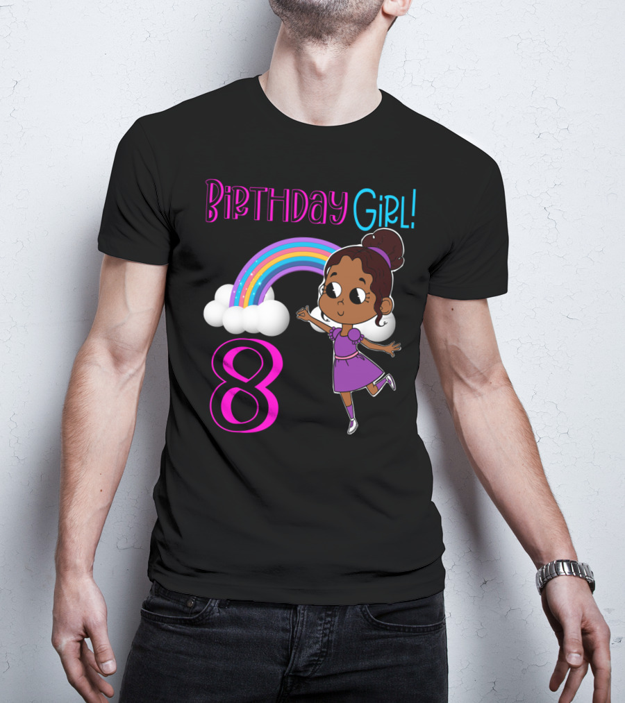 Birthday Girl 8 Rainbow Celebration With African American Cartoon Kid T-Shirt