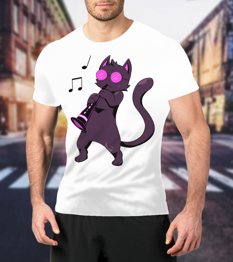 Clarinet Playing Cool Cat Hippy Hipster Kitty With Sunglasses T-Shirt