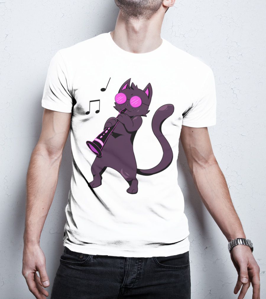 Clarinet Playing Cool Cat Hippy Hipster Kitty With Sunglasses T-Shirt