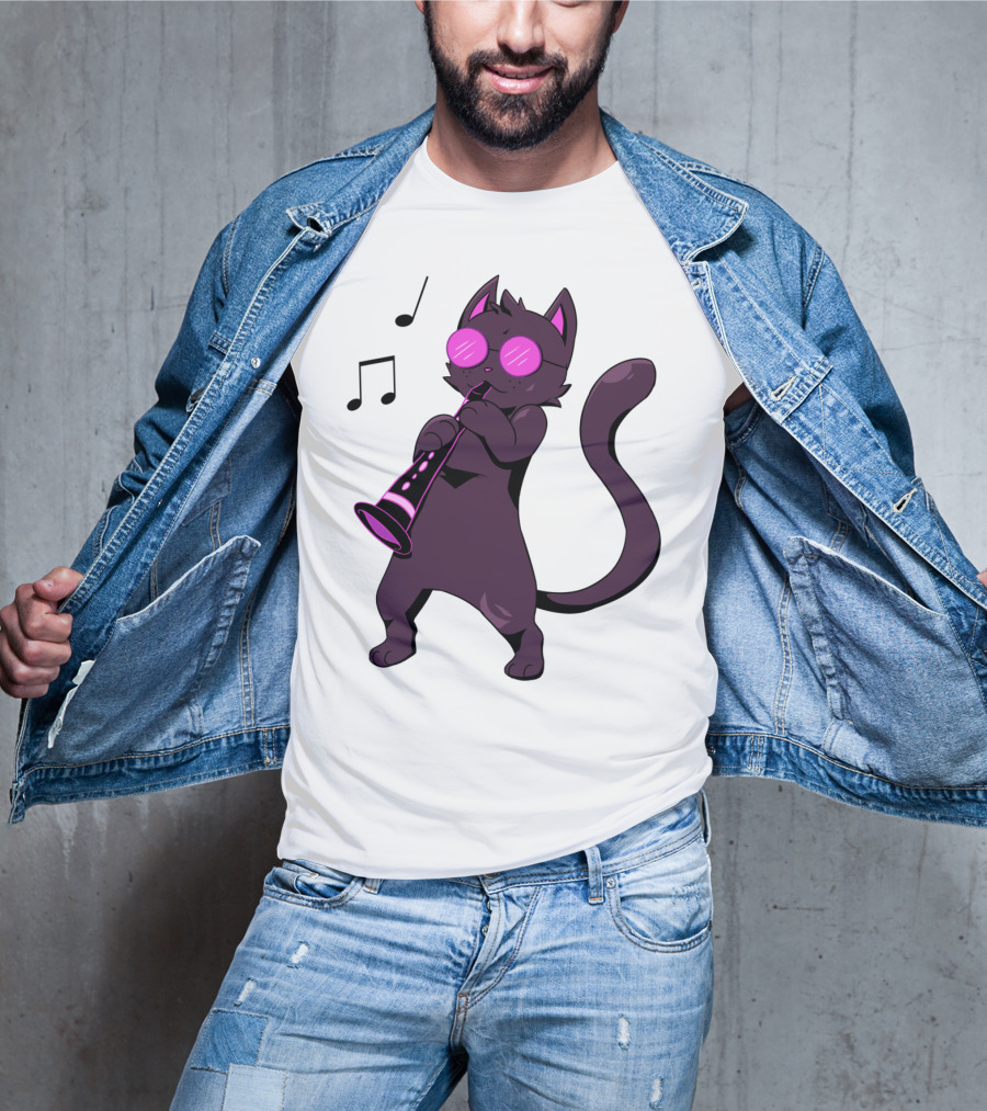 Clarinet Playing Cool Cat Hippy Hipster Kitty With Sunglasses T-Shirt