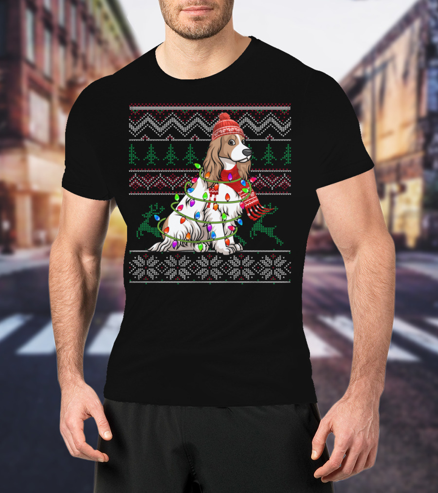 Cocker Spaniel Holiday Sweater With Christmas Lights And Reindeer T-Shirt