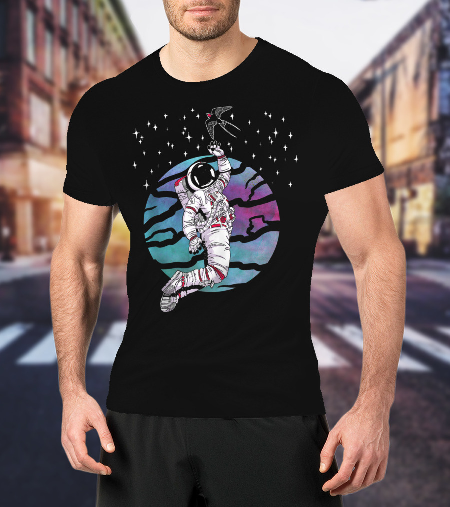 Cosmic Apparition Astronaut Reaches For Celestial Bird In Starry Universe T-Shirt