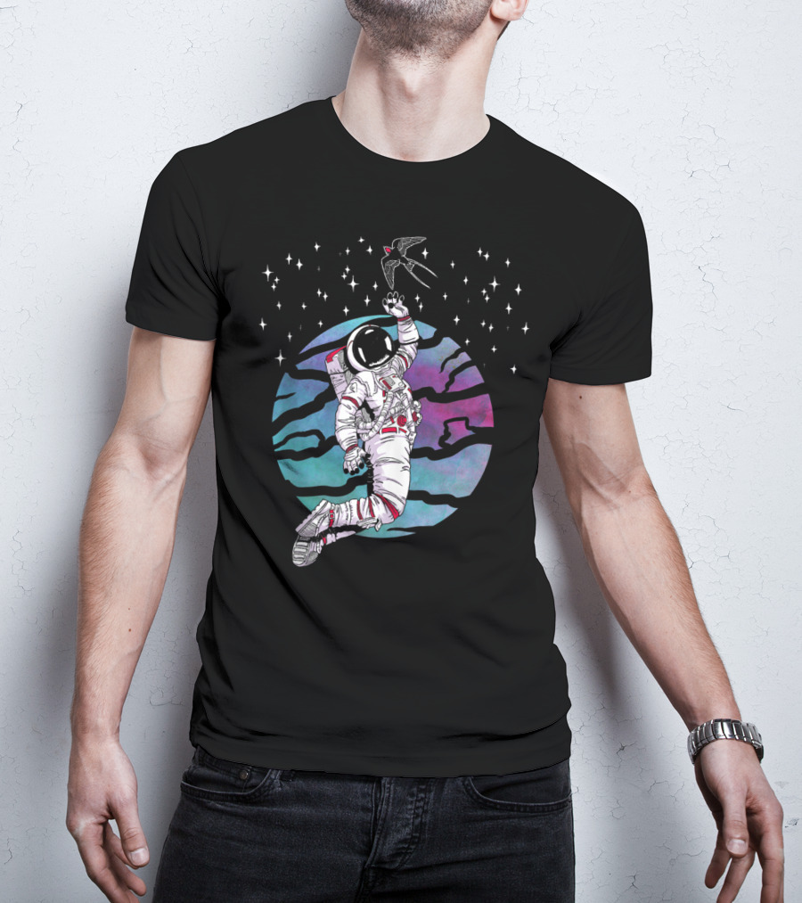 Cosmic Apparition Astronaut Reaches For Celestial Bird In Starry Universe T-Shirt
